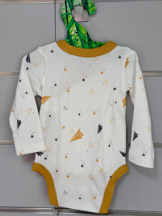 Overslag Romper – Wit met Oker Gele Rand en Vliegtuigprint