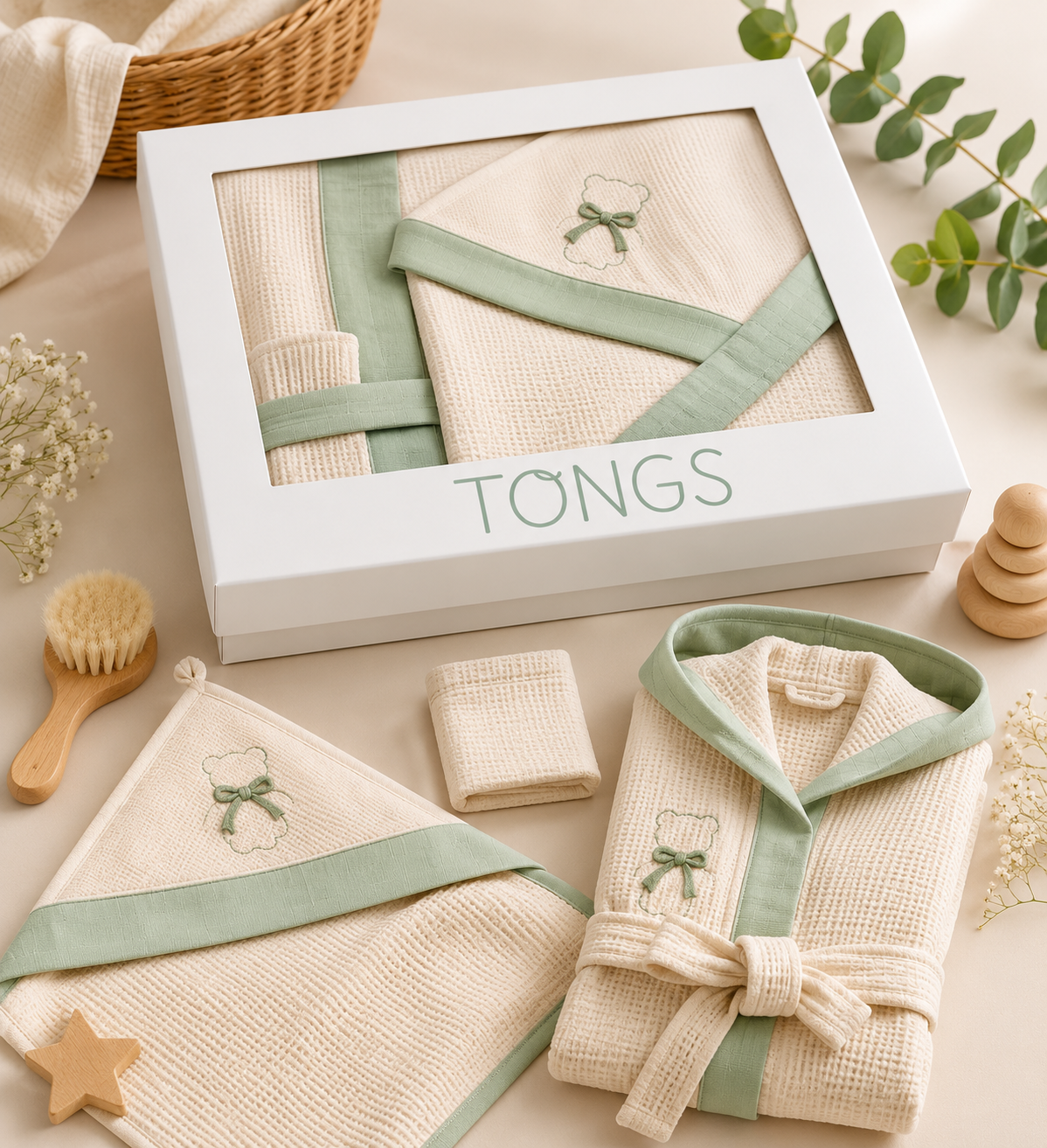 Tongs Baby Luxe Newborn Badset in Geschenkdoos – Beige & Saliegroen