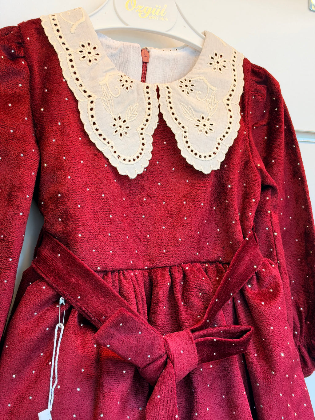 Meisjes Jurk met Kanten Kraag & Strikdetail – Bordeauxrood