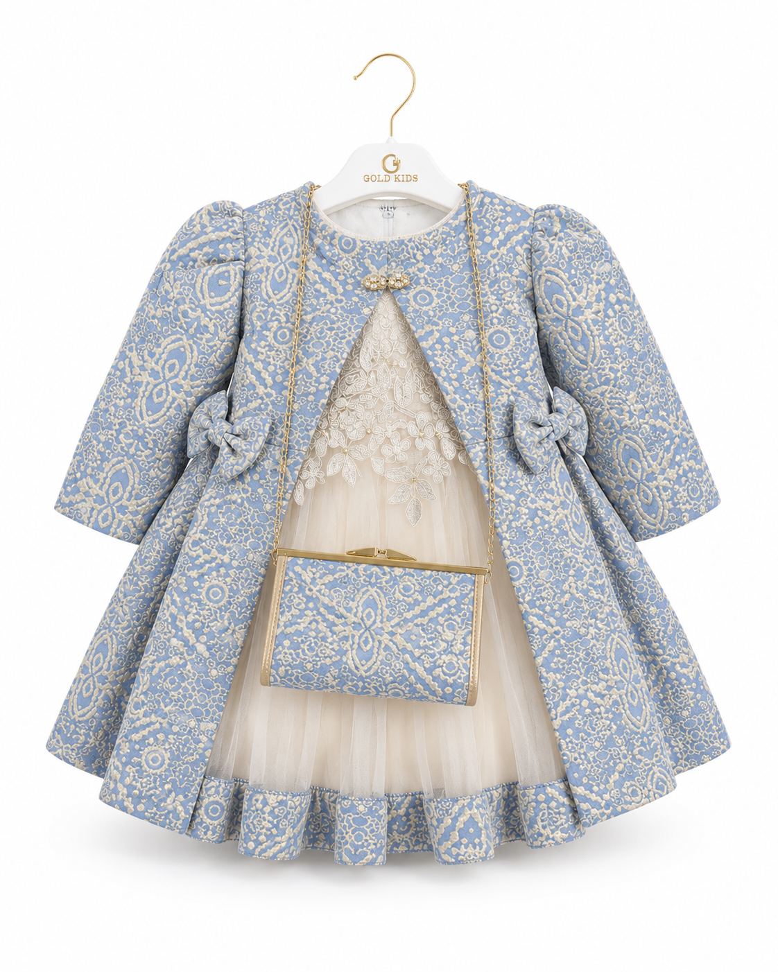 Gold Kids Luxe Jurkset met Jas & Tasje – Blauw/Goud