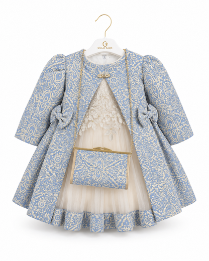 Gold Kids Luxe Jurkset met Jas & Tasje – Blauw/Goud