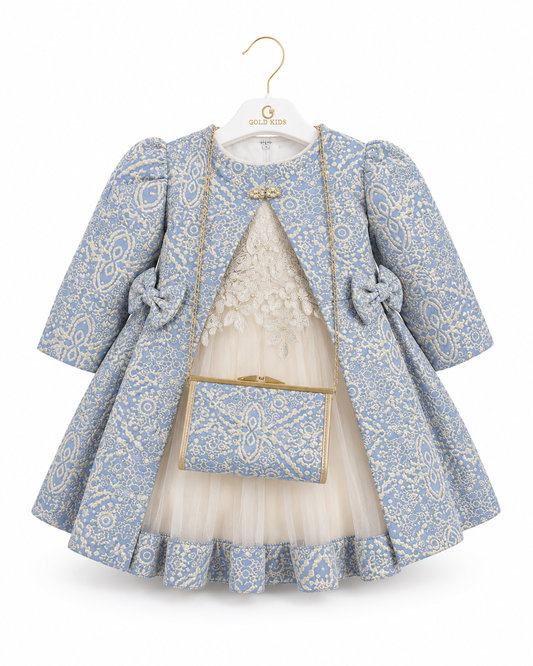Gold Kids Luxe Jurkset met Jas & Tasje – Blauw/Goud