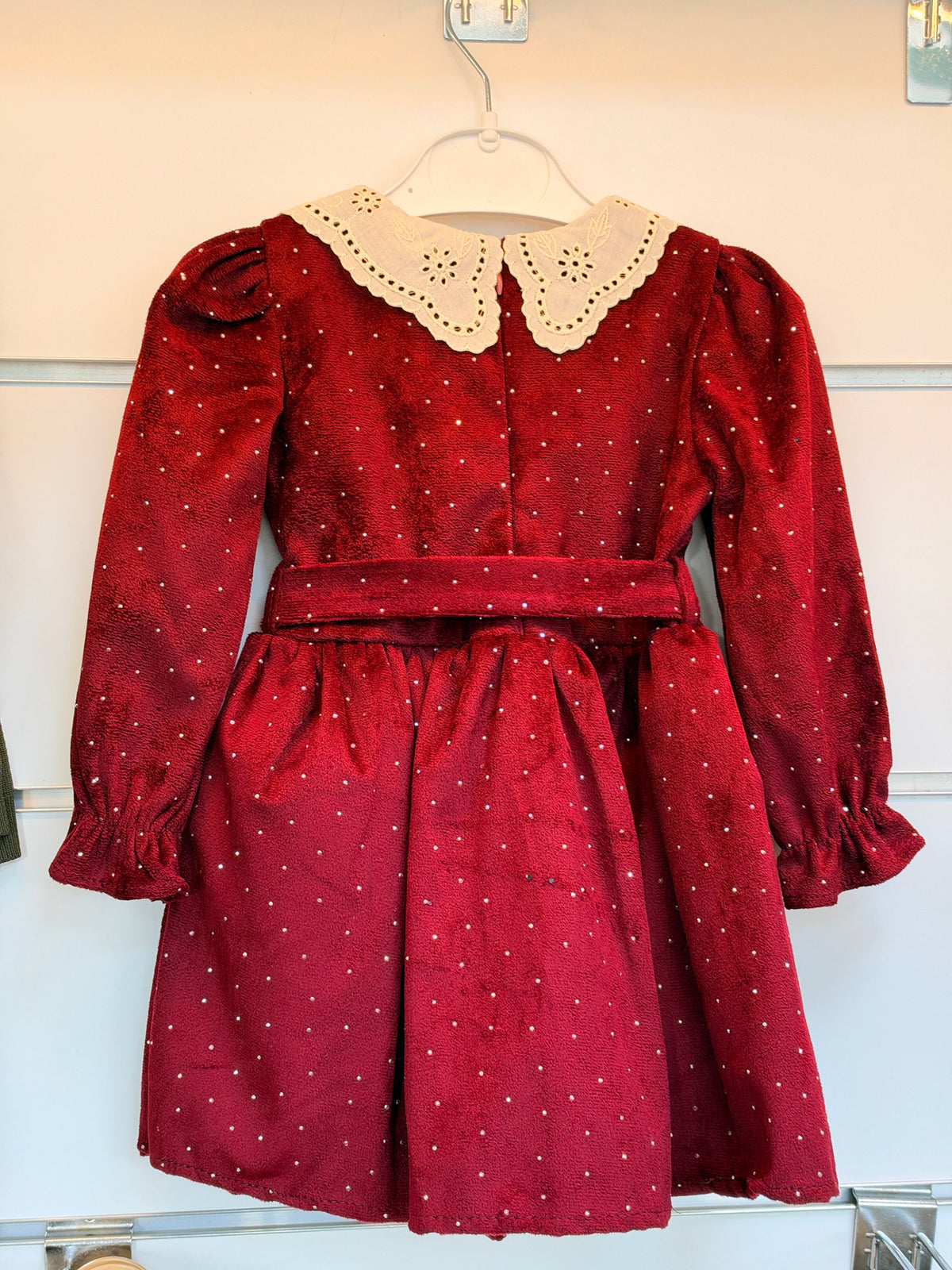 Meisjes Jurk met Kanten Kraag & Strikdetail – Bordeauxrood