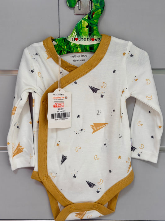 Overslag Romper – Wit met Oker Gele Rand en Vliegtuigprint