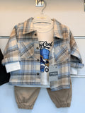 3-Delige Jongens Set – Geruite Overshirt, T-shirt & Broek | Blauw & Beige