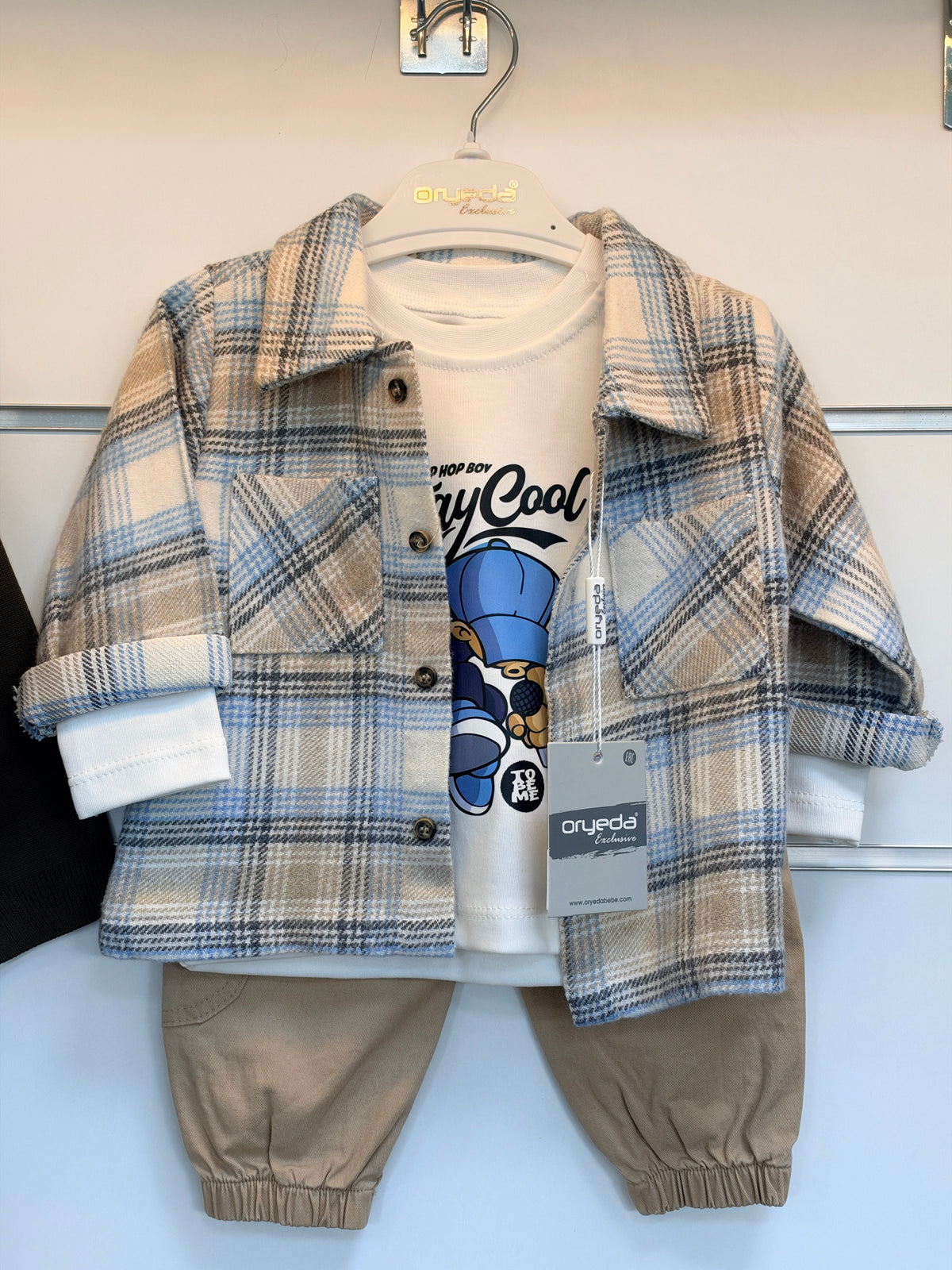 3-Delige Jongens Set – Geruite Overshirt, T-shirt & Broek | Blauw & Beige