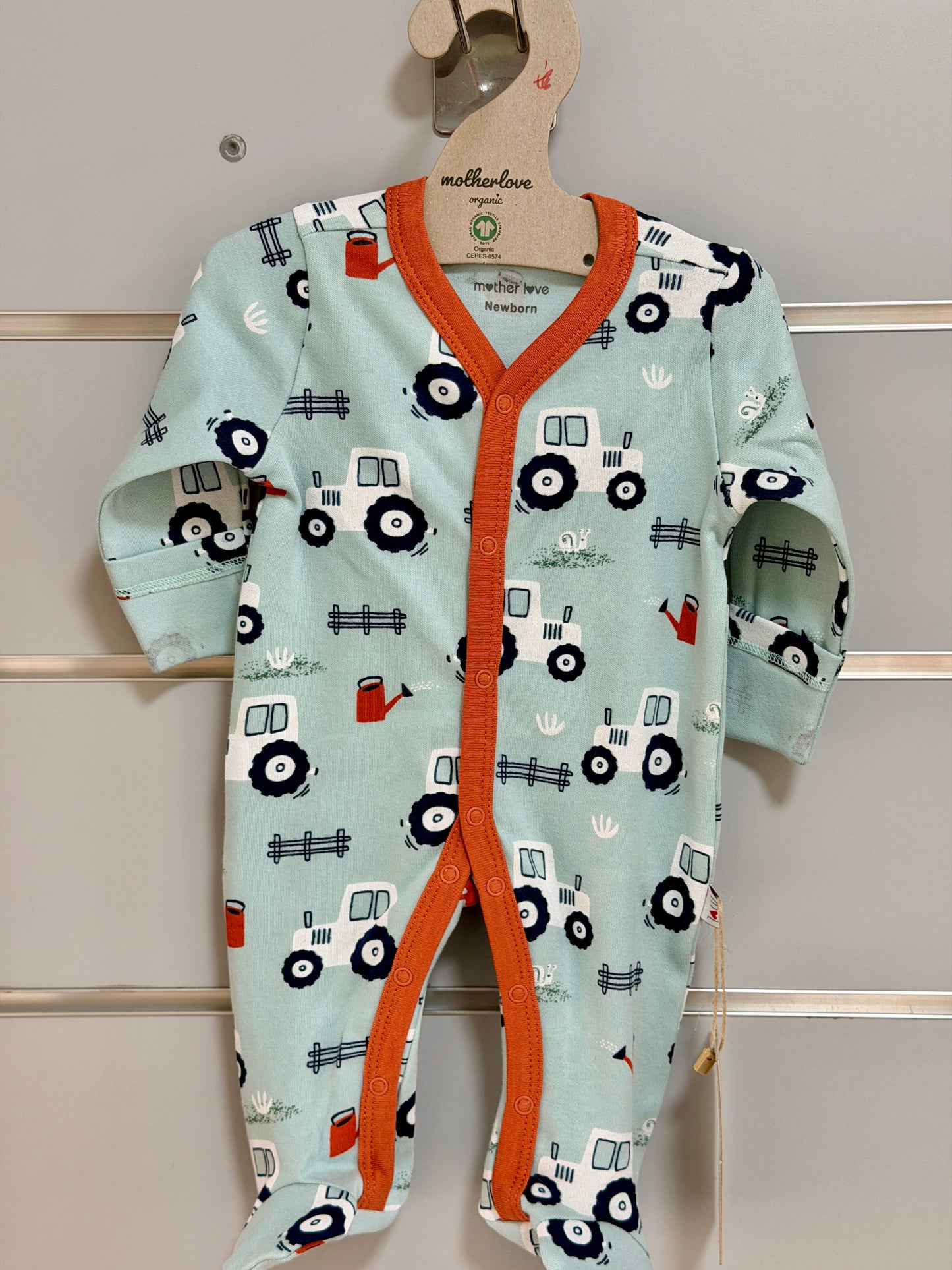 Footed Sleepsuit – Mint Green with Tractor Print
