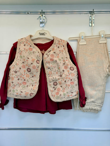 Sweet Me 3-Piece Baby Set – Floral Vest Bordeaux