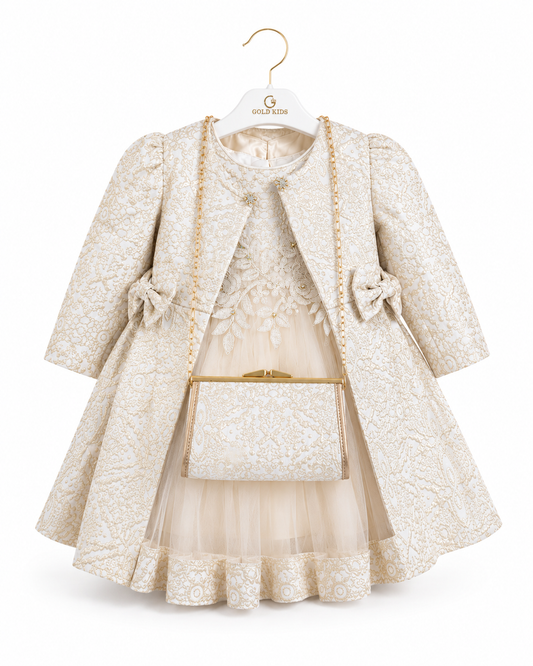 Gold Kids Luxe Jurkset met Jas & Tasje – Ivoor/Goud