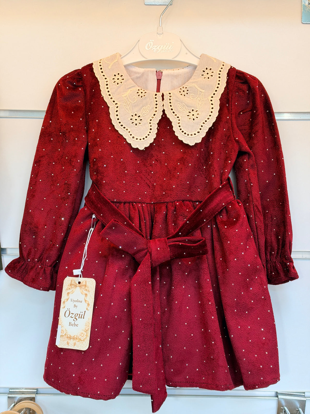Meisjes Jurk met Kanten Kraag & Strikdetail – Bordeauxrood