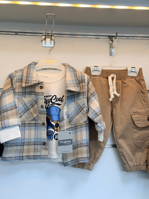 3-Delige Jongens Set – Geruite Overshirt, T-shirt & Broek | Blauw & Beige