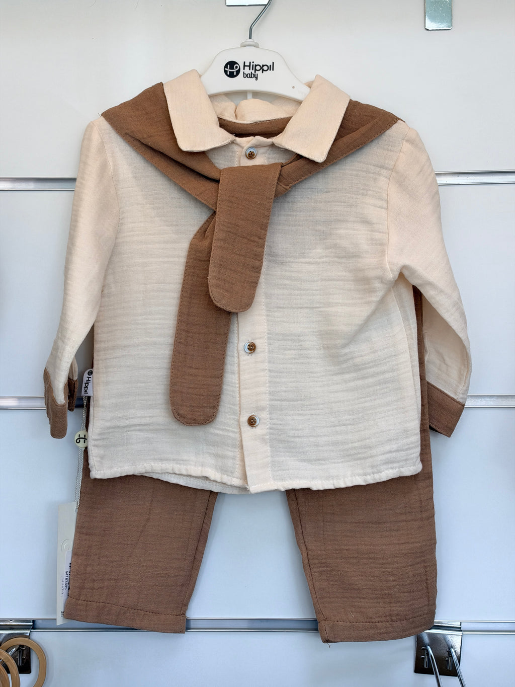 Baby 2-Delige Set – Linnen Look met Strik | Beige & Ecru