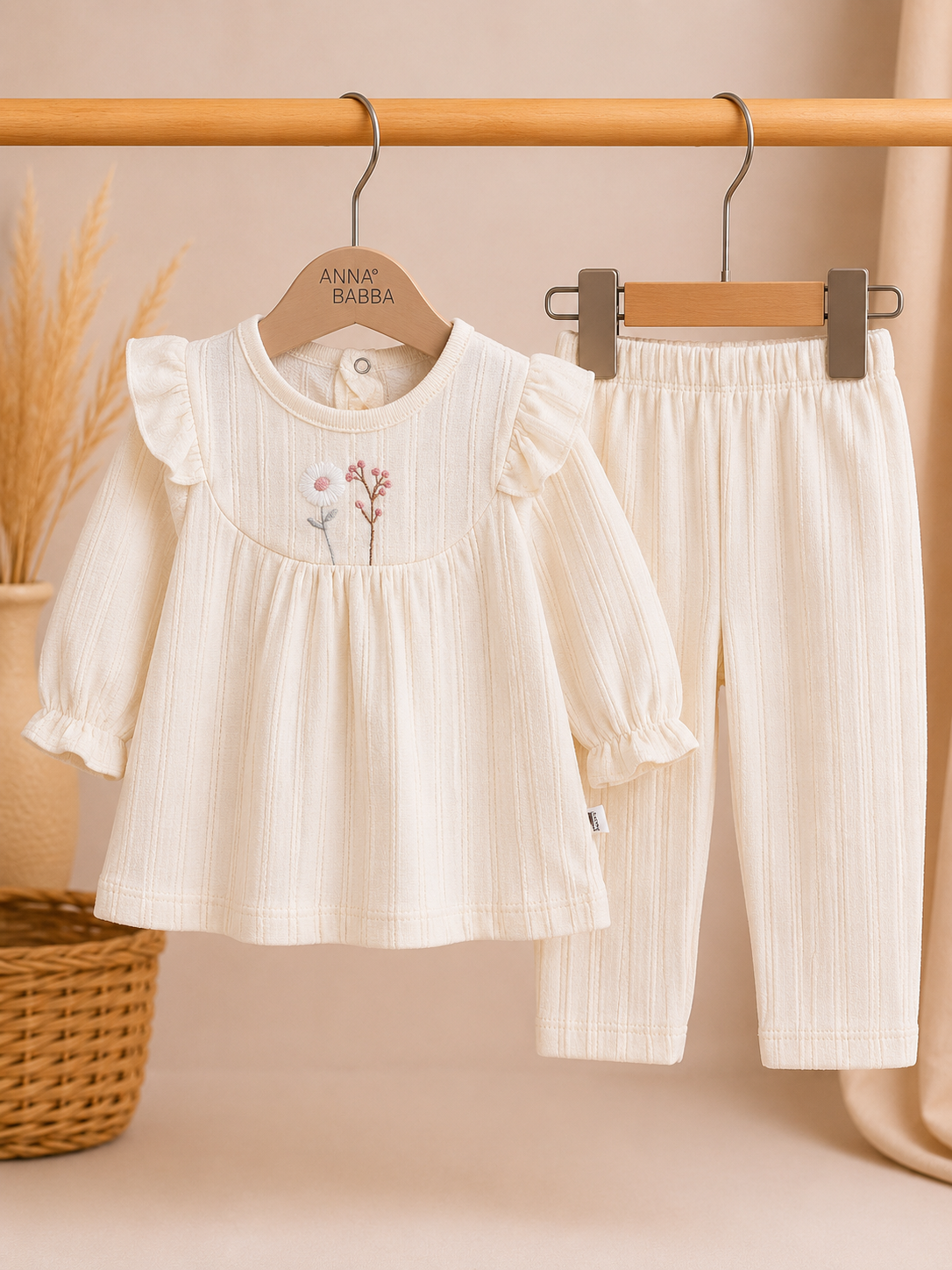 Geborduurde Bloemen Babyset – Crème