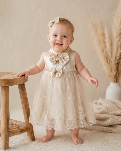 Babydola Elegant Baby Dress – Champagne Lace