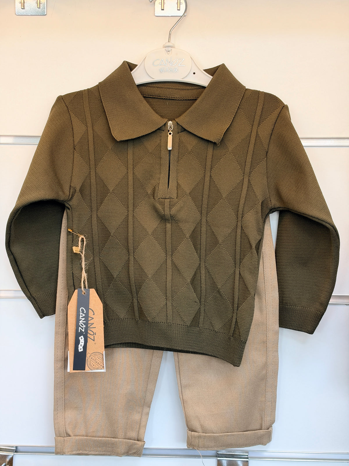 Jongens 2-Delige Set – Gebreide Sweater & Chino Broek | Groen & Beige