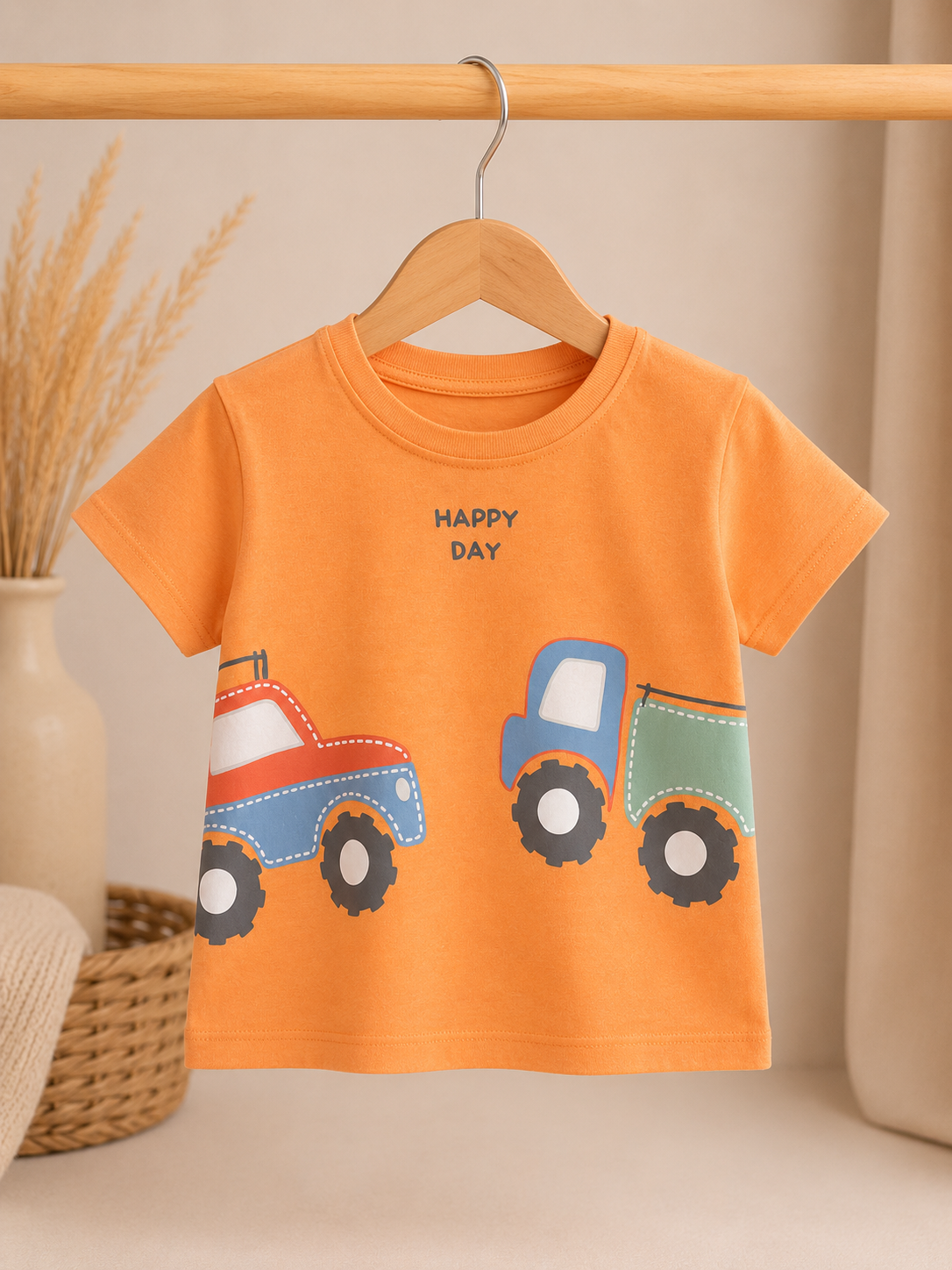 Happy Day T-Shirt – Oranje Voertuigen Print