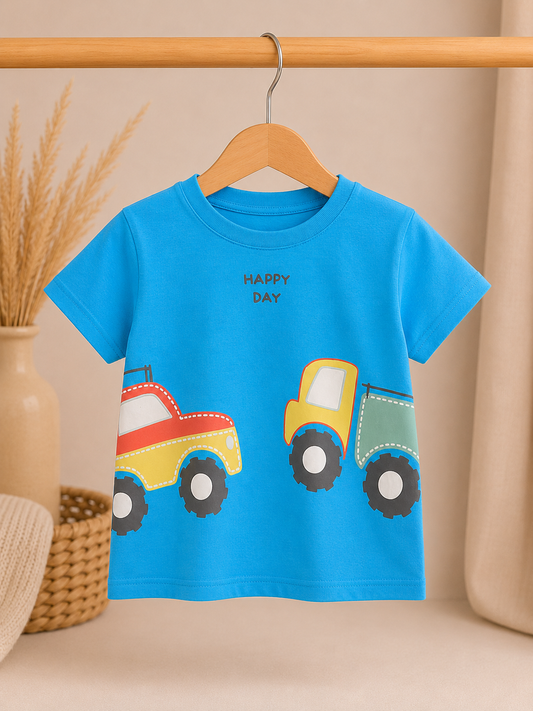 Happy Day T-Shirt – Oranje Voertuigen Print