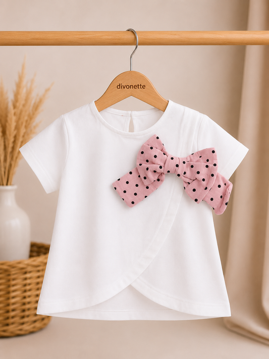 Wit Meisjes T-Shirt met Roze Strik