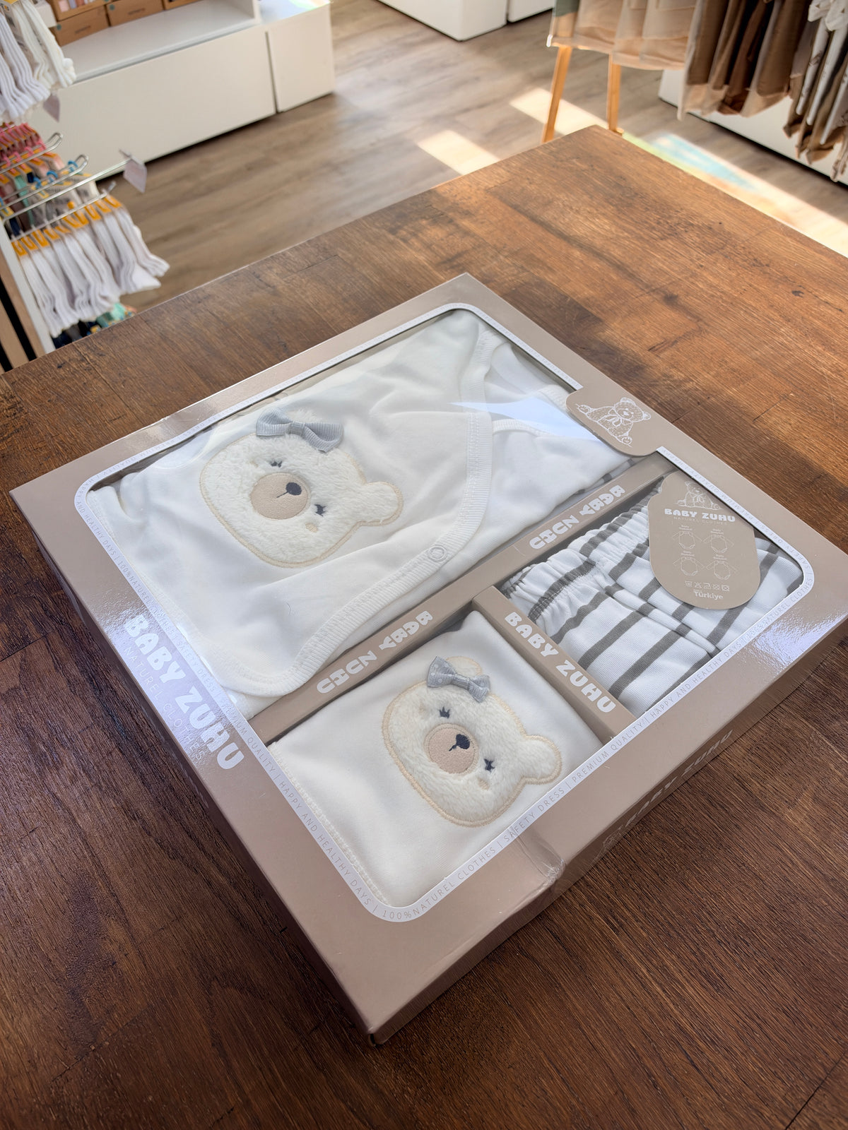 Baby Zuhu 5-Delige Newborn Babyset – Teddy Bear | Crème & Grijs