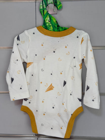 Overslag Romper – Wit met Oker Gele Rand en Vliegtuigprint