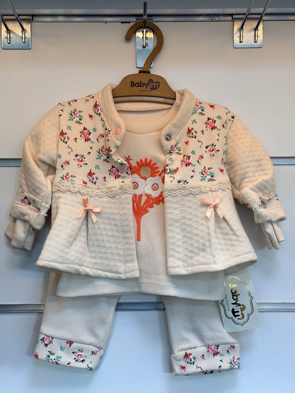 Baby Meisjes 3-Delige Set met Longsleeve, Vestje & Broek – Crème/Roze