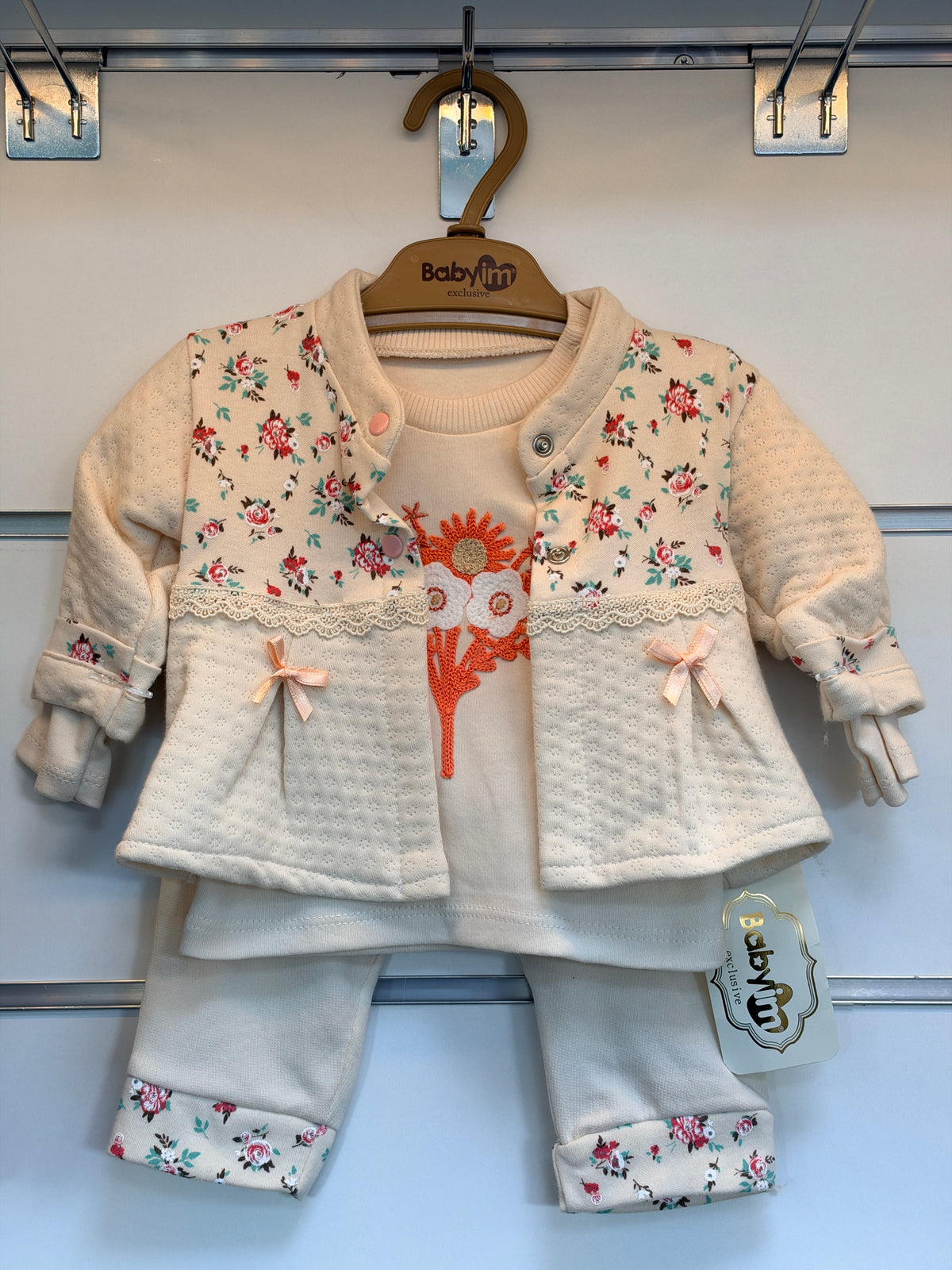 Baby Meisjes 3-Delige Set met Longsleeve, Vestje & Broek – Crème/Roze