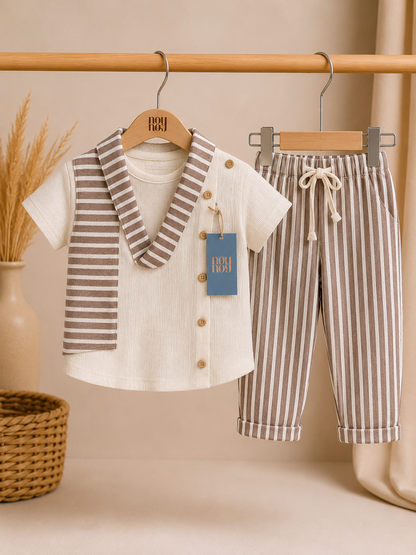 Noy Noy Jongensset – Beige & Gestreept 3-Delig