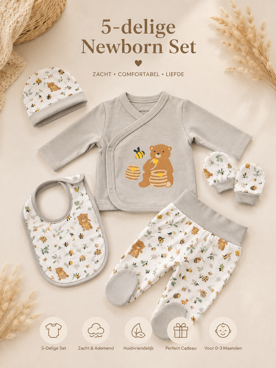 5-Delige Newborn Set – Honey Bear | Organic Cotton