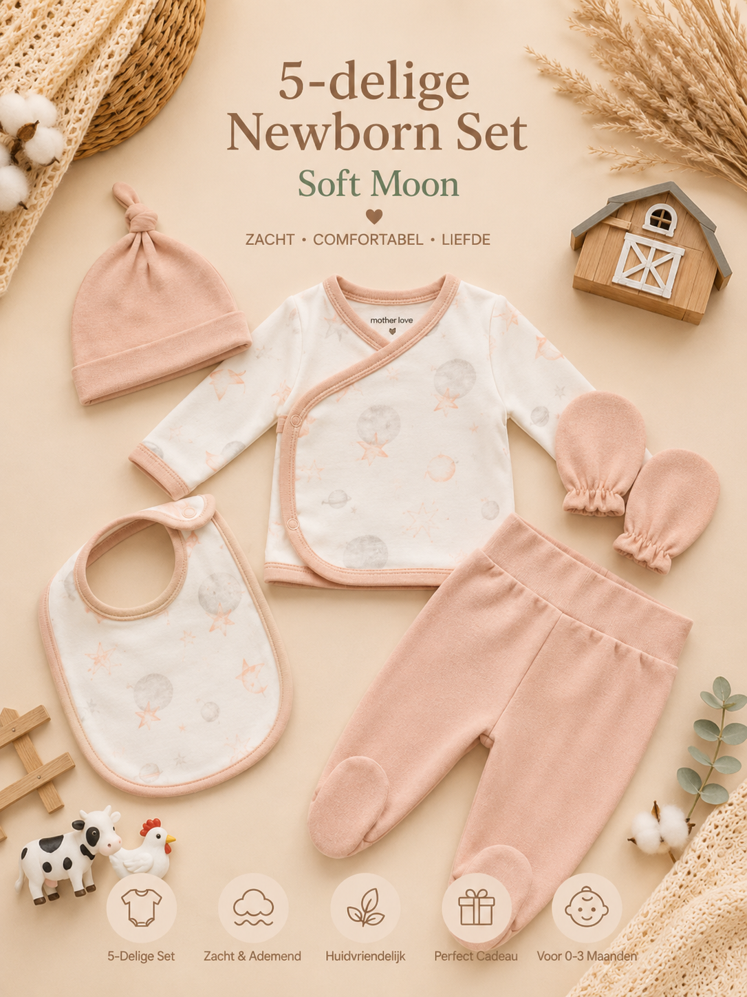 5-Delige Newborn Set – Soft Moon | Bamboe Mix