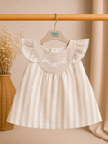 Beige Gestreept Baby Jurkje met Borduursels