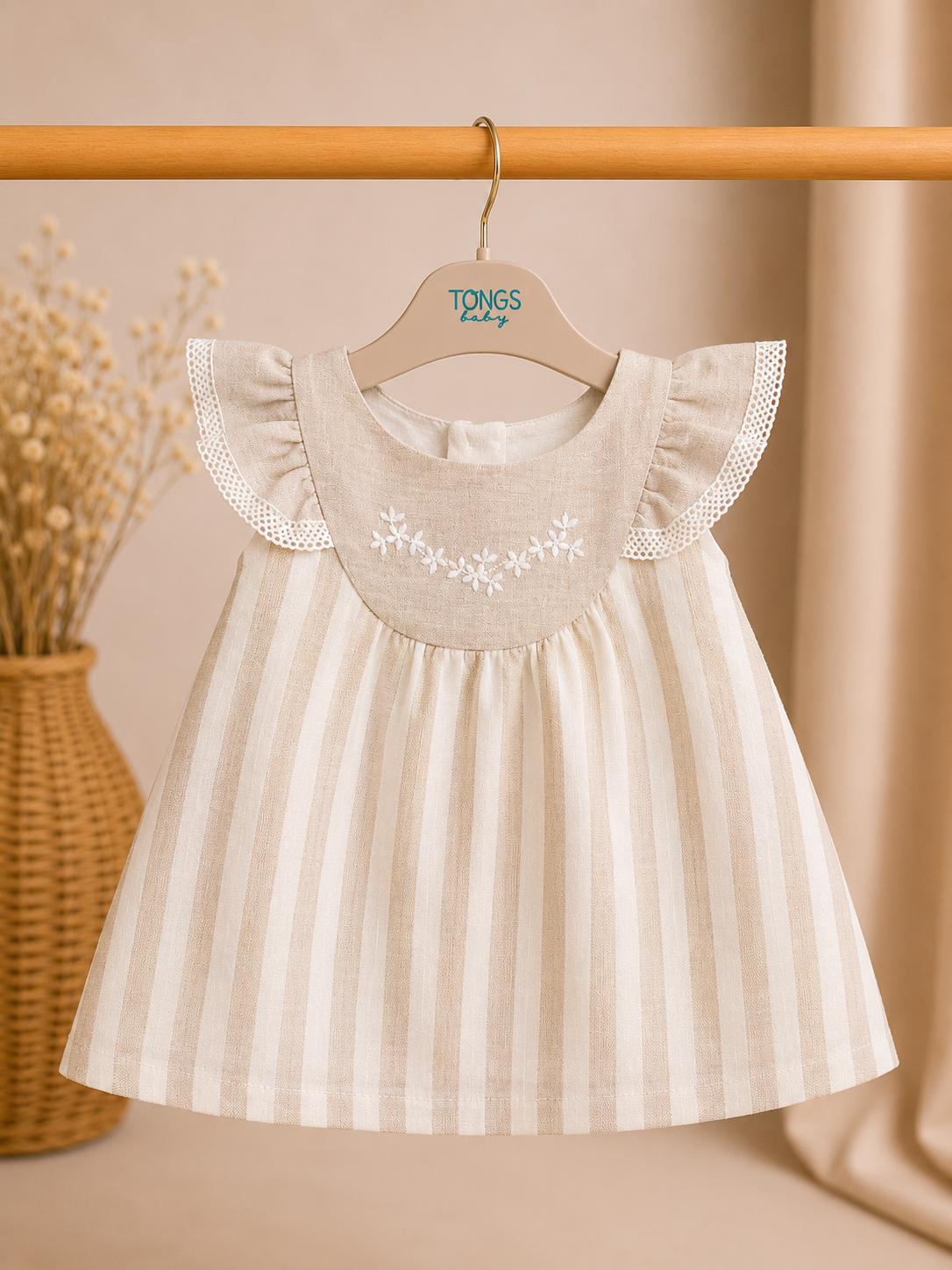 Beige Gestreept Baby Jurkje met Borduursels