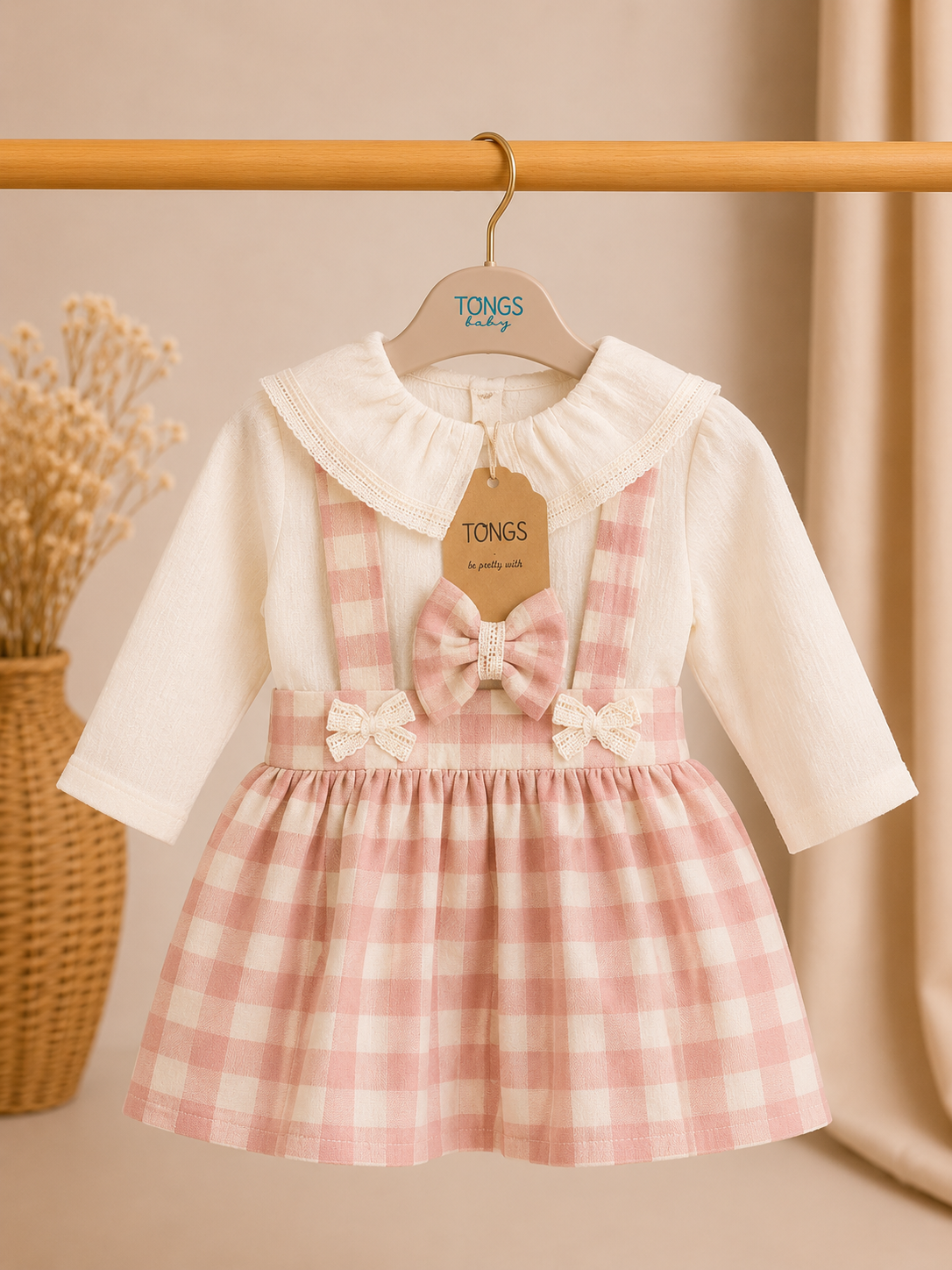Roze Geruite Jurk met Blouse & Strik – Elegante Babyjurk