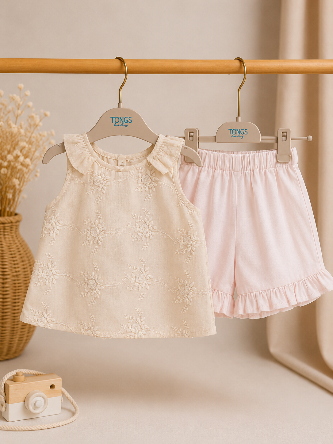 Beige Geborduurde Top met Roze Ruffle Short | Meisjes Zomerset