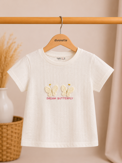 Off white meisjes T-shirt met 3D vlinderdetails en structuurstof – Dream Butterfly collectie